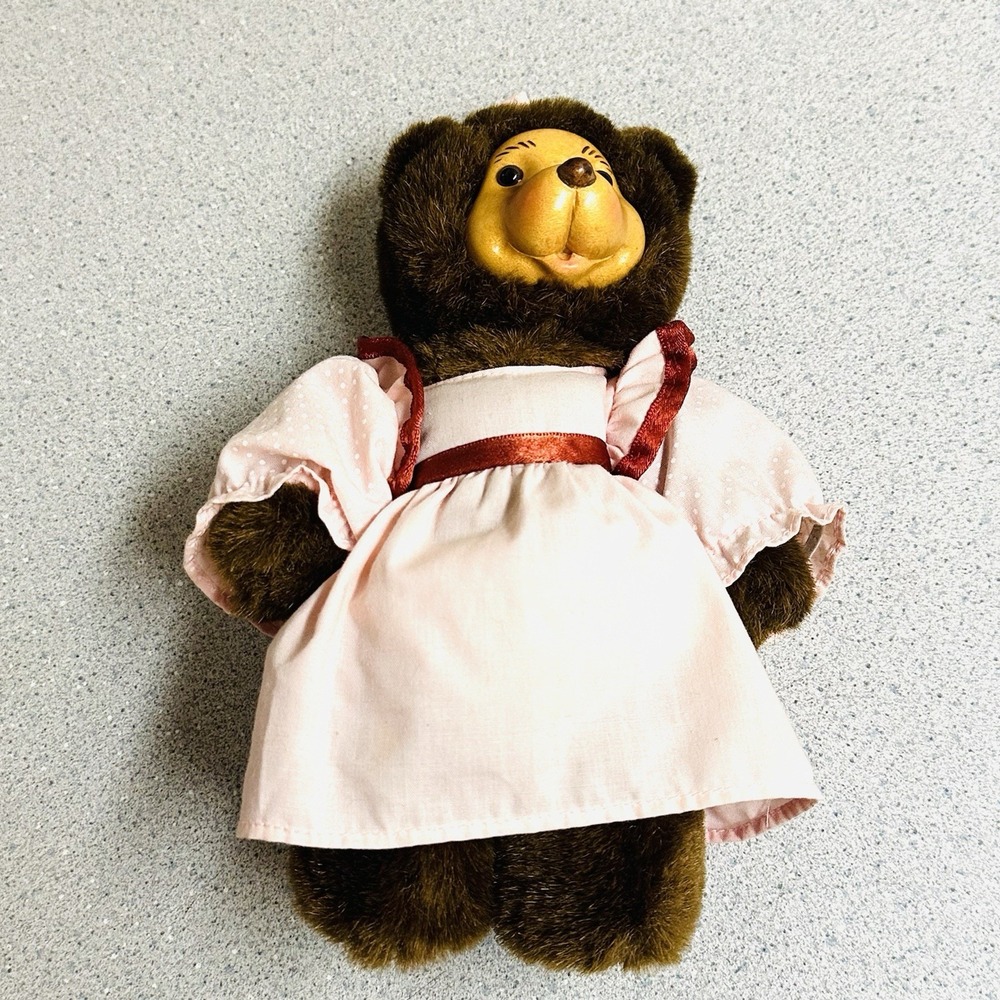 Robert Raikes Wooden Face Bear Raikes Bears Brown Fur Original Polka Dot Outfit - Picture 5 of 10